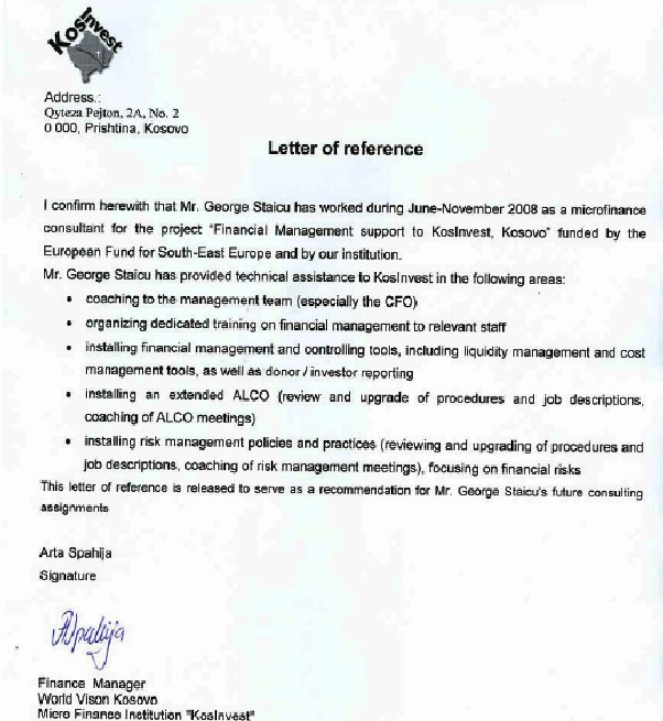 Letter of reference for George Staicu issued by Ms. Arta Spahija ...